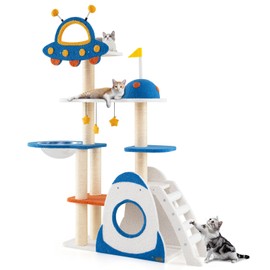 PETSITE 64.5 Inch Space-Themed Cat Tree, Multi-Level Cat Tower with Sisal Scratching Posts, UFO-Shaped Top Perch, Climbing Ladder, Hanging Star-Shaped Jingling Toys, Cute Cat Tree for Indoor Cats