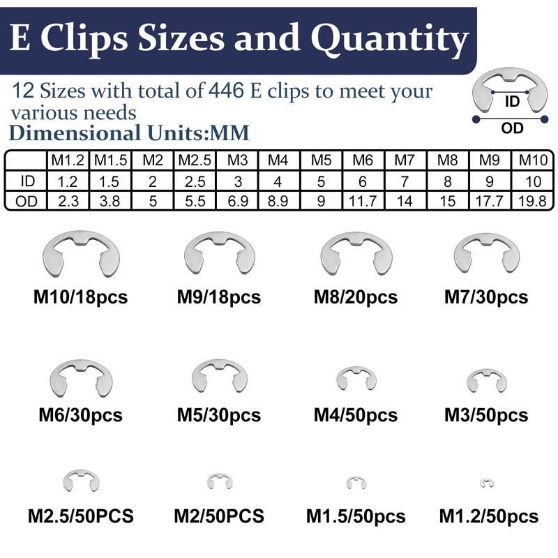 ZQZ 850Pcs C Clips Assortment Kit(M3-M14) and E Clips Assortment