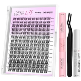 VEYESBEAUTY Lash Clusters Kit Individual Eyelash Extensions Thin & Invisible Band DIY False Eyelashes Newbie's Five-Second Series Wispy Lash Tray, LuxeBold KIT with Bond&Seal Remover Applicator