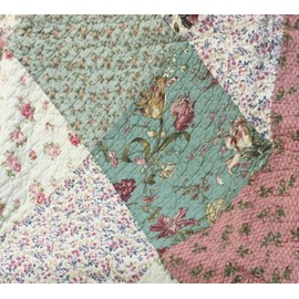 Cozy Line Home Fashions Floral Real Patchwork Green Peach Scalloped Edge Country 100% Cotton Quilt Bedding Set, Reversible Coverlet Bedspread (Celia, Twin - 2 Piece)