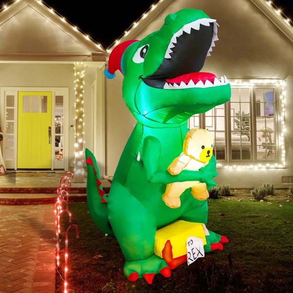 GOOSH 7 Ft High Christmas Inflatable Dinosaur with Build-in LED Light Blow up Yard Decoration, Indoor Outdoor Party Garden Christmas Decoration.