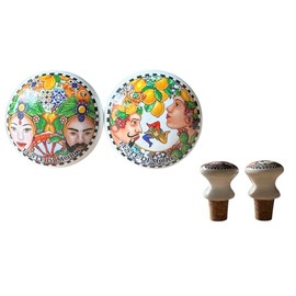 Decorative Wine Stoppers Dark Brown Heads Traditional Sicilian Ceramic Type, Multicoloured (Dark Brown Trinacria_Wheel)