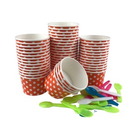 MMvolesy 6oz Orange Ice Cream Cups, Disposable Dessert Cups, Ice Cream Bowls For Cold Or Hot Food, Paper Dessert Cups, And Coloured Paper Cups For Soups，Sundaes, And Ice Cream. 50Pc With spoon