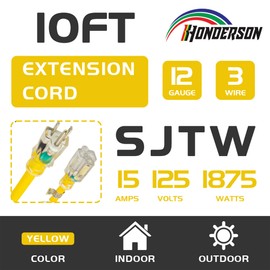 HONDERSON Indoor Outdoor Extension Cord Weatherproof with Lighted End, UL Listed, 12 Gauge 10FT Yellow 3 Prong Heavy Duty, 12/3 SJTW 15A Power Cord for Outdoor Lights, Lawn
