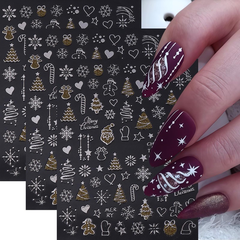 6 Sheets Christmas Nail Stickers Gold Sliver Snowflake Snowmen Nail