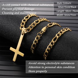 HSWYFCJY Cross Chain Men's Cross Chain Silver Gold Black Stainless Steel Inverted Pendant with Cross Necklace for Men Christian Cross Necklace 20 inches / 24 inches / 28 inches, Stainless Steel