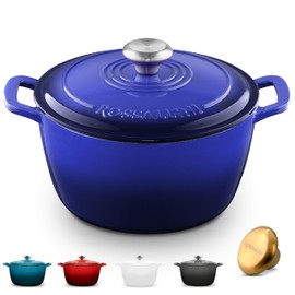 ROSSALLINI Signature Enameled Cast Iron Dutch Oven, Non-Stick Serving Pot with Tight Fitting Lid for Perfect Roasting, Baking, Sauteing, and Bread Making | 5.5Q (5.2L) - Ocean Blue