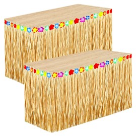 DPSLOOPM Hawaii Table Skirts, 275 x 75 cm, Luau Gras Table Skirts, with Multicoloured Flowers, Tropical Tablecloth, Tropical Hawaiian Party Decoration, for Summer, Garden, Bar, BBQ, Beach, Pool Party