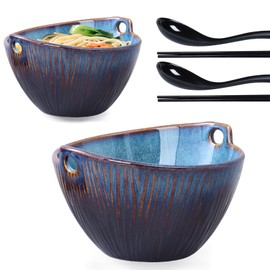 STE-CER Ceramic Ramen Bowl with Chopsticks and Spoons Set, 6.7 Inch Noodle Bowl Set for Pho Udon Soba, Set of 2 (Sky Blue)