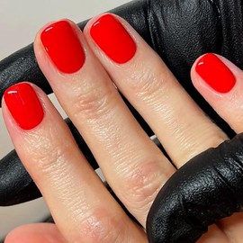 iMABC Press on Nails - Soft Material Orange Red Clear Fake Nail | Short Square Glossy Shiny Glitter Solid False Nails | Glue Acrylic Decoration Manicure Gift for Girls Women Dating 24Pcs