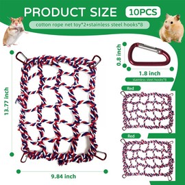 CQJ 2 Pcs Rat Climbing Ropes for Cage Rat Cage Accessories Bird Rope Rat Toys for Pet 12.6 x 9.84 inch Hammock Hamster Cotton Rope Bridge Bird Ladder with 4 silver Hooks (red)