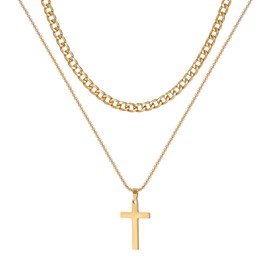 Kenivira 2Pcs Men's Necklaces Stainless Steel Cross Necklace for Men Cross Pendant Necklace Silver/Gold/Black Cuban Chain Necklace Jewelry Gifts for Men