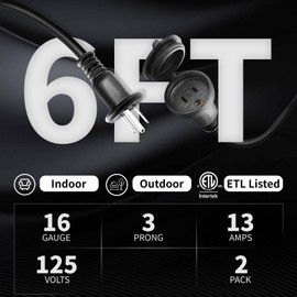 Extension Cord 6 Feet 2 Pack, 13 Amps, 125V, Heavy Duty Extension Cord, Single Outlet, Outdoor Extension Cord Waterproof, 3 Prong Extension Cord, Indoor Wires for Home and Office