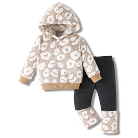 Jecson Baby Girl Winter Clothes 3-4T Fleece Hoodie & Thermal Pants Set Toddler Girl Fall Outfits Cute Prints Infant Beige Clothing