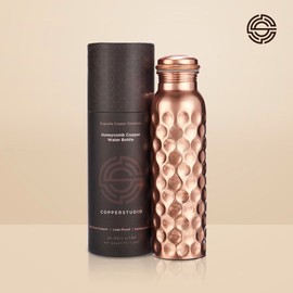 CopperStudio Honeycomb Copper Water Bottle- 1 litre/34 oz, Pure Copper bottle with Leak Proof cap, Honeycomb finish, Lacquer coated, Health Benefits/Yoga Bottle