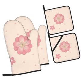 YYHWHJDE Little Pink Cherry Blossoms Printing Oven Mitts and potholders Set of Four : Thick and Durable, Anti-scalding and Heat-Insulating