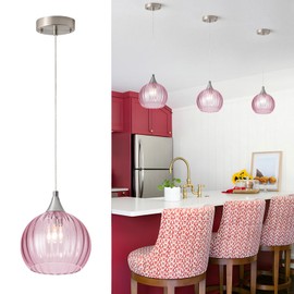 Brushed Nickel Pendant Lights Kitchen Island, Globe Pendant Light Fixtures with 8 Inch Clear Glass Shade, Modern Hanging Light Fixtures for Kitchen, Bedroom (1 Pack - Pink Glass Pendant Light)