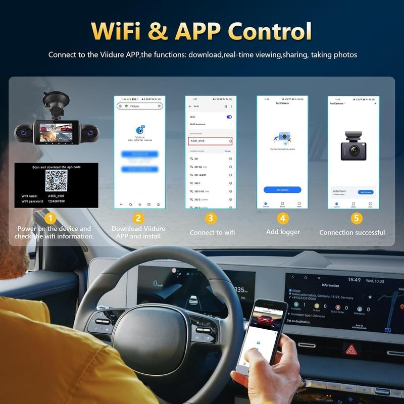 WiFi 360° Dash Cam Front and Rear Inside,4 Channel 3"