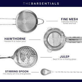 Homestia 5 Pieces Cocktail Strainer Set Stainless Steel Bar Tools With Stirring Spoon - Hawthorne Strainer, Julep Strainer, Fine Mish Stainer and Japanese Jigger for Drinks (Silver)