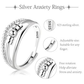 SNORSO Anxiety Rings for Women Girls, 925 Sterling Silver Fidget Rings for Anxiety Women,Anti-Stress Spinner Rings with 5 Beads, Adjustable Open Stress Relief Thumb Rings for Daughter Women Girls