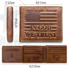MID WEST RANGE American Flag Wallet - Western Wallet for Men - ‘IN GOD WE TRUST’ - RFID Blocking & 9 Card Slots - Distressed Leather Patriotic American Flag Cowboy Wallet