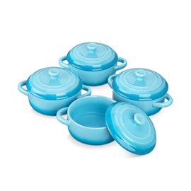 LOVECASA Mini Cocotte Set, 12 OZ Small Casserole Dishes with Lids, Soup Bowls With Handles, Individual Ramekins, Oven, Microwave & Dishwasher Safe, Set of 4, Blue
