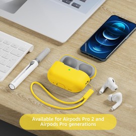 Tandoler Compatible with Airpods Pro 2 Case, Soft Silicone Skin Cover Protective Cases with Cleaner kit and Lanyard Compatible for AirPod Pro 2nd Generation, Front LED Visible-Yellow