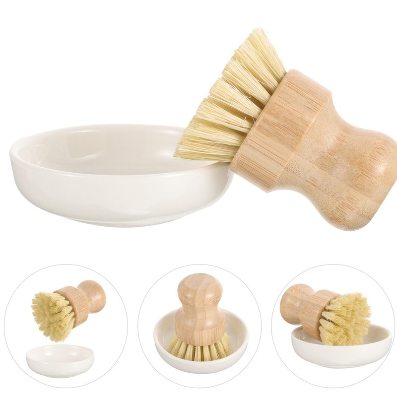 Bamboo Scrub Brushes with Ceramics Holder Mini Palm Scrub Brush