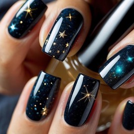 MERVF Square Press on Nails Medium Fake Nails Black Sky Glue ons Star Design Squoval Acrylic DIY Manicure Nail Supplies Art 24pcs Glossy