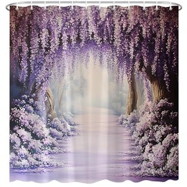 EUBTPA Purple Floral Garden Shower Curtain Misty Forest Violet Vine Flower Wonderland Fantasy Plant Natural Landscape Bath Decor Polyester Fabric Curtains 70X70 Inch
