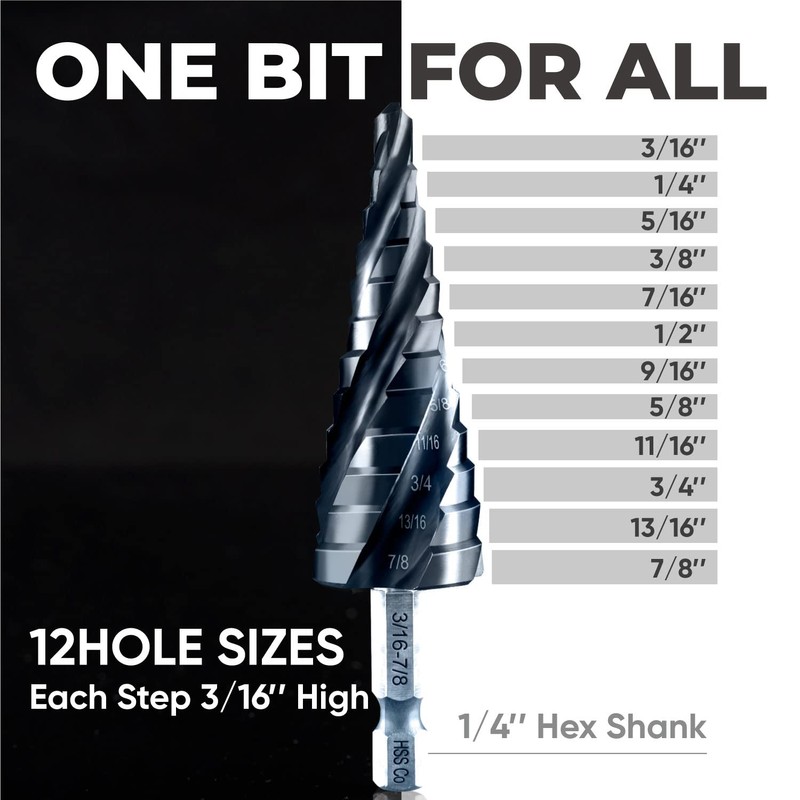 toolant Four Spiral Flute Cobalt Step Drill Bit(Pro), 3/16" -