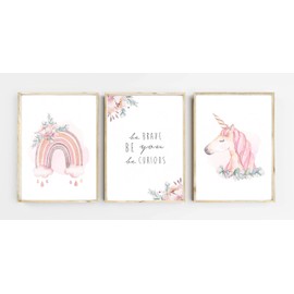 Lemmami Stationery Set of 3 Wall Pictures Children's Room Poster Baby Room Decoration Girls Boys Pictures DIN A4 Decoration Unicorn Rainbow Be Brave Be You (Set of 3 Pictures Set Pink, Pastel, Wall