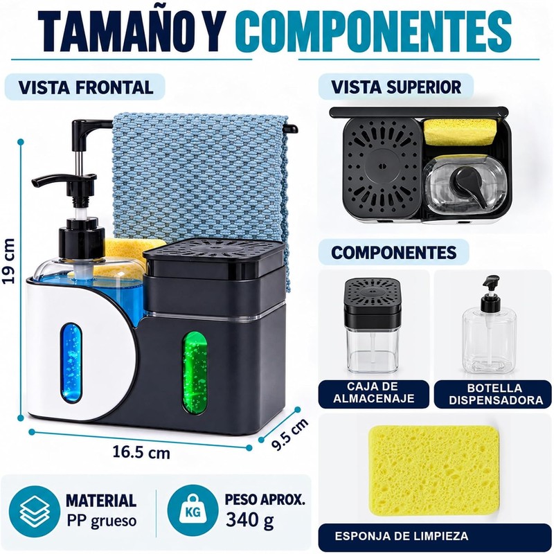 Dispensador de Jabón para Cocina 4 en 1 con Soporte