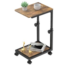 NATFAIRY C Shaped End Table with Rolling Wheels, Height Adjustable Sofa Side Table for Small Space Bedroom, Industrial TV Tray Couch Table Cart for Living Room, Retro Brown & Black