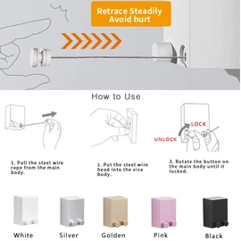 BESy Retractable Clothesline ABS case+Aluminum Dryer with Adjustable Stainless Steel Rope String Hotel Style Heavy Duty Drill Free & Wall Mounted Method 13.8 FeetsWhite