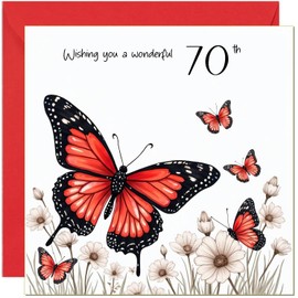 70th Birthday Card Red Butterfly & White Flower Design - With Red Envelope - Cute Birthday Card for 70 Year old Seventy, Seventieth