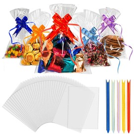 Recon Up (6x10 inch) Pack of 50 Cellophane Bags, Cookie Bags With Colorful Pull Bows, Clear Gift Bags For Food Storage, Flat Sweet Bags For Gifts On Special Occasions