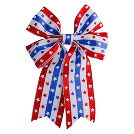 Meseey 2 Pcs Patriotic Burlap Wreath Bows with Glitter Stars Red White Blue 4th of July Door Decor, Tree Topper Set, Indoor/Outdoor Memorial Day & Veterans Day Decoration (Red White Blue Glitter Star)