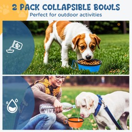 Collapsible Dog Bowls, 2 Pack Portable Travel Dog Bowls, Foldable Dog Water Bowl for Dogs Cats, Pet Feeding Watering Dish with Carabiner, Food Grade Silicone BPA Free(Blue+Orange, Medium)