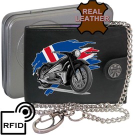 Biker Classic Vintage Motorbike Motorcycle Iceland Flag Mens Chain Wallet Gift Box KLASSEK Brand Real Black Leather RFID Blocking with Coin Pocket
