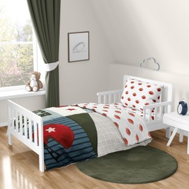 Sweet Jojo Designs American Football MVP Boy Toddler Bedding Set Kids Children 5pc Bed in a Bag with Comforter Blanket Pillowcase Sham Sheets Green Blue Red Vintage Helmet Field Goal Sport Themed Star