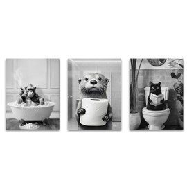 Shwing Framed Bathroom Decor Wall Art, Black And White Wall Art, Funny Animal Canvas Prints Cute Chimpanzee Baby Sea Otter Cat Pictures Modern Wall Decoration for Bathroom 12'' x 16''