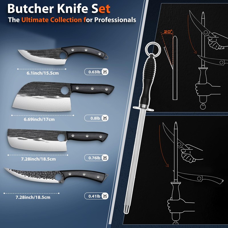 TIVOLI Professional Butcher Knife Set for Meat Processing, 7Pcs High