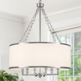 QMNHAU 20'' Modern Drum Chandelier for Dining Room, 6-Light Brushed Nickel Chandeliers with White Fabric Shade Large Round Pendant Light Fixture for Kitchen Island Living Room Bedroom