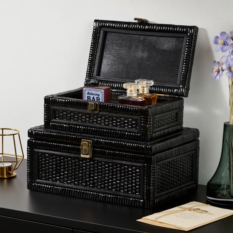 2PCS Rattan Boxes with Lid Decorative Natural Handmade Boho Baskets