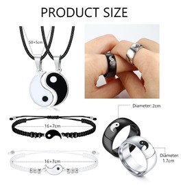 Kakonia 6 Pieces Matching Yin Yang Necklace Bracelets Rings Set Couple Necklace Bracelet Rings for Him and Her Matching Yin Yang Necklace Boyfriend Girlfriend Friendship Valentine's Day Jewelry Gift