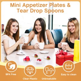 Rozer Mini Appetizer Plates and Tear Drop Spoons for Weddings Party 2.5 x 2.5 Inches 4 x 2 x 0.5 Inches Plastic Mini Dessert Plates Disposable Appetizer Spoons (200 Pieces)