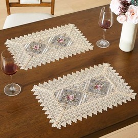 LinenZone 2 Gold Farmhouse PMacramemats with Flower Design. 18 Inch PMacrame Mats for Dining Table, Dresser, Coffee Table. Macrame Doiles for Farmhouse Table Decor. (Viola 13 x 18, Linen)