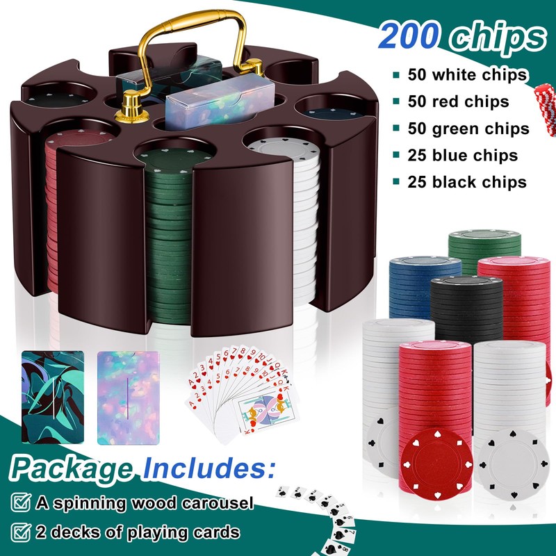 Wettarn 200 Count Poker Chip Set Rotating Carousel Wood Case