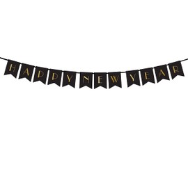 PartyDeco New Year's Eve Banner Happy New Year Decoration Black with Gold Inscription Happy New Year